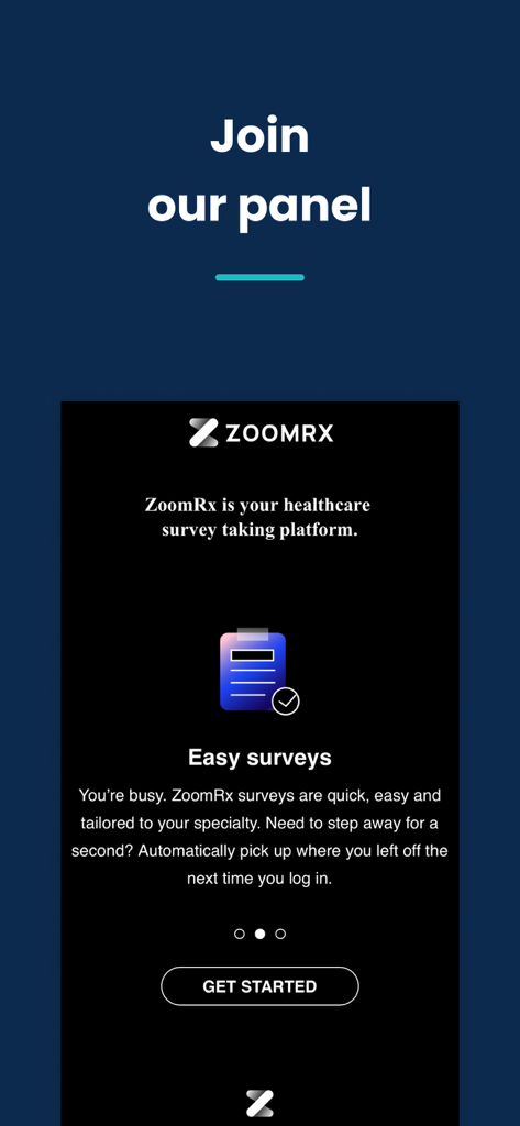 ZoomRx - ZoomRx mobile app screen featuring the Join our panel page highlighting quick and tailored healthcare surveys.