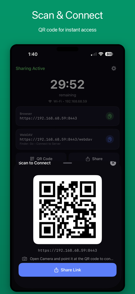 LudyServer - File Transfer - LudyServer app screenshot showing a QR code for instant file sharing connection on a local network.