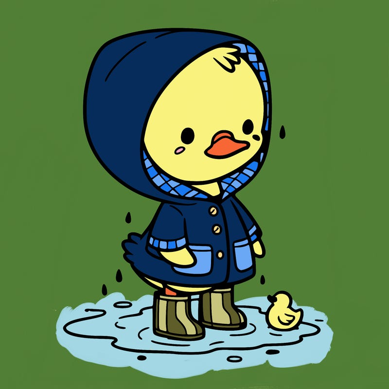 baby duck in a rain coat and boots, in a puddle while it’s raining