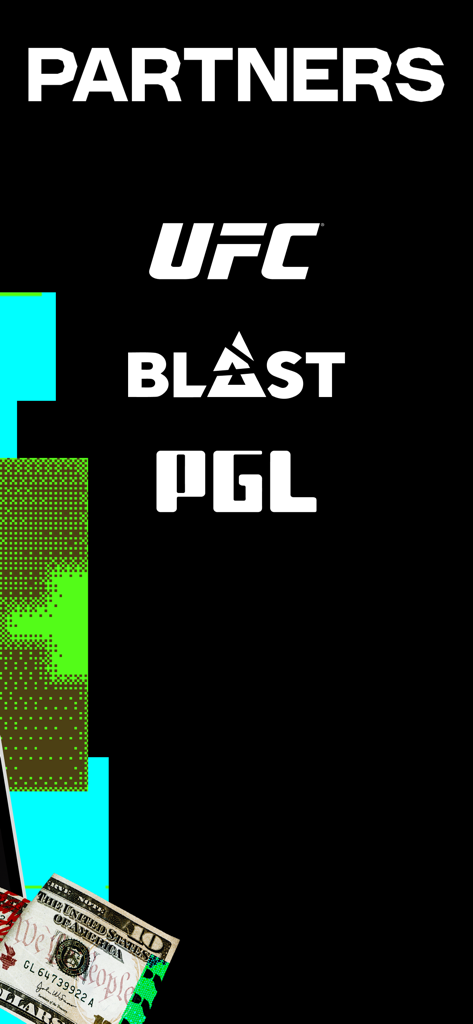 KICK App Partnerbildschirm mit UFC-, BLAST- und PGL-Logos auf schwarzem Hintergrund