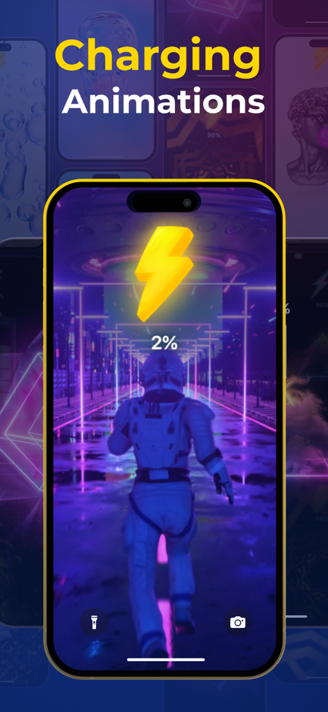 Color Widgets & Themes: Wiggle - A futuristic neon astronaut charging animation on an iPhone lock screen.