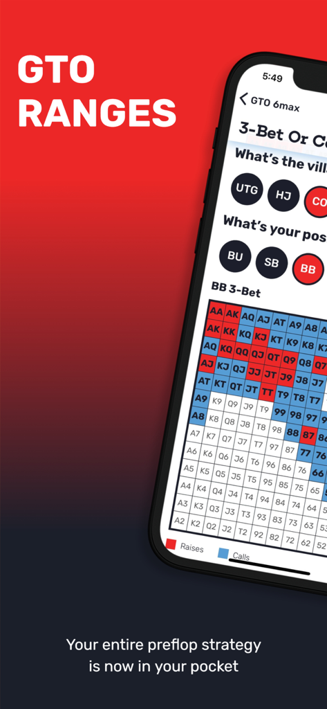 GTO Poker Ranges By Red Chip - Mobile app interface showing GTO poker preflop ranges and hand charts
