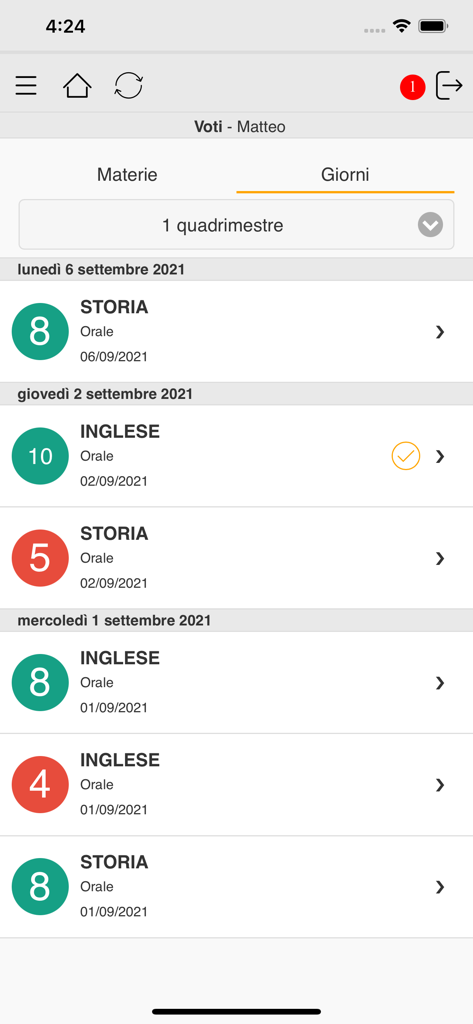 A list of academic grades sorted by date in the Axios Registro Elettronico ALU app