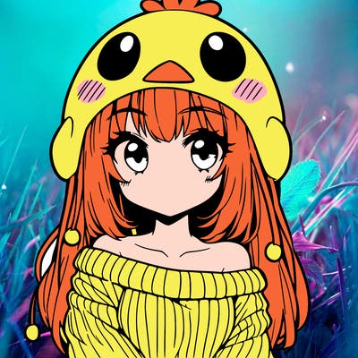 anime girl with chick shaped hat with sweater with bare shoulders with bangs covering them one eye with low tail
