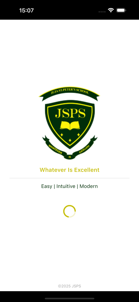 JSPS app splash screen featuring the Juja St Peters School logo and educational management slogan