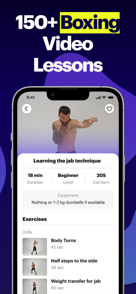 BXNG: Home Boxing Workouts App - Pantalla de la aplicación móvil BXNG que muestra una lección de boxeo para principiantes sobre la técnica del jab con información sobre la duración del entrenamiento y las calorías quemadas.