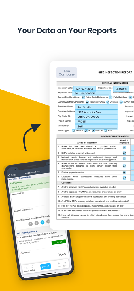 A mobile phone displaying a data entry form next to a generated digital site inspection report.