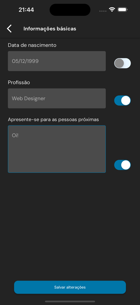 hic - Interface of the hic app showing profile information fields with privacy toggle switches for a web designer