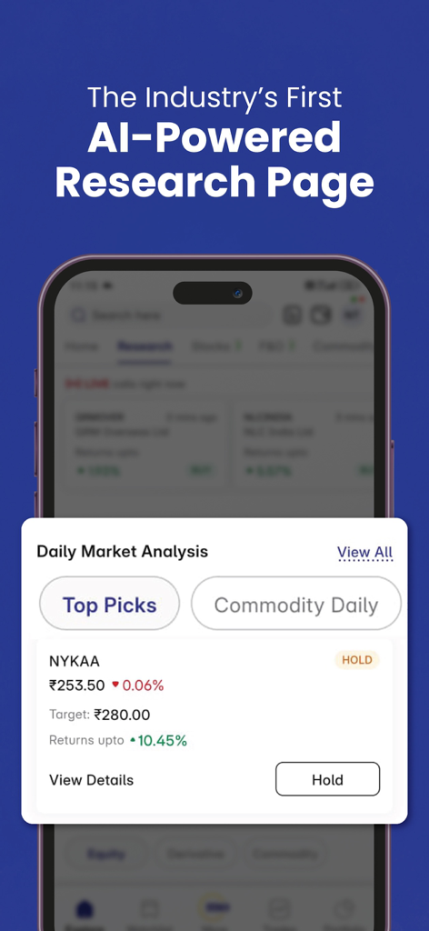 RIISE: Stocks by Motilal Oswal - AI powered research page in the RIISE app displaying daily market analysis and stock picks