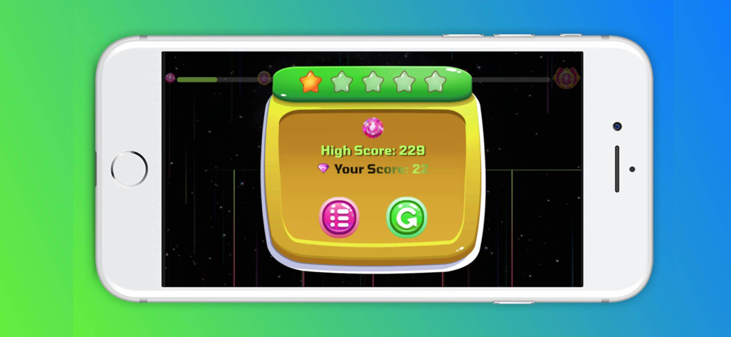 Beat Dancing Hop Tile EDM Rush - Score results screen of Beat Dancing Hop Tile EDM Rush game on an iPhone showing high score and diamond rewards