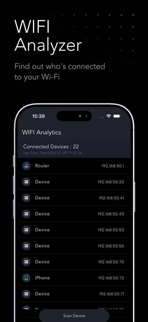 WiFi Analyzer screen showing a list of connected devices and their IP addresses