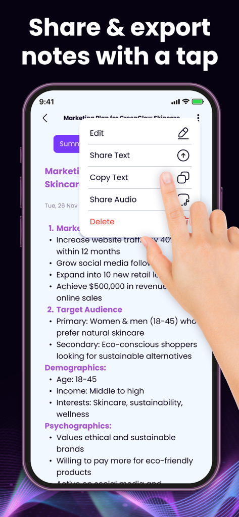 SmartNote - AI Note Taker - SmartNote app interface displaying a menu to share or export notes on an iPhone screen.