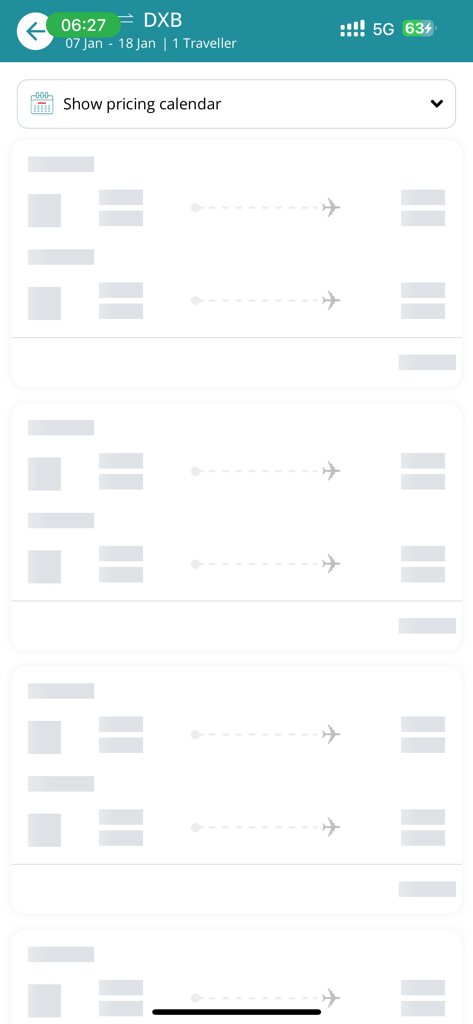 Interfaz de la aplicación HA voyages que muestra los resultados de búsqueda de vuelos para un viaje internacional a Dubai.