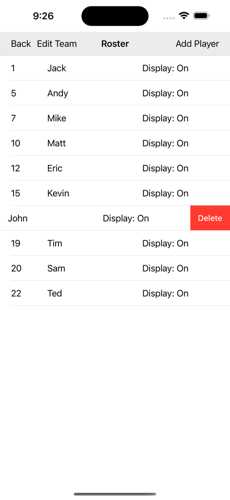 Basketball Analytics - 농구 팀 선수 명단 화면에 선수 이름과 등번호가 표시됩니다