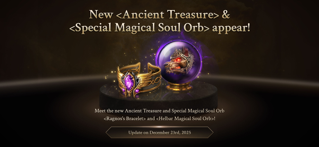 MIR4 game update banner for Ragnos Bracelet and Helbar Magical Soul Orb