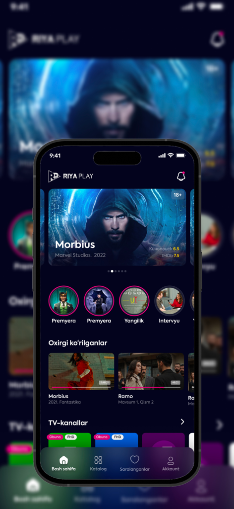 Riya Play - Riya Play mobile app home screen on an iPhone showing a selection of movies and series in HD