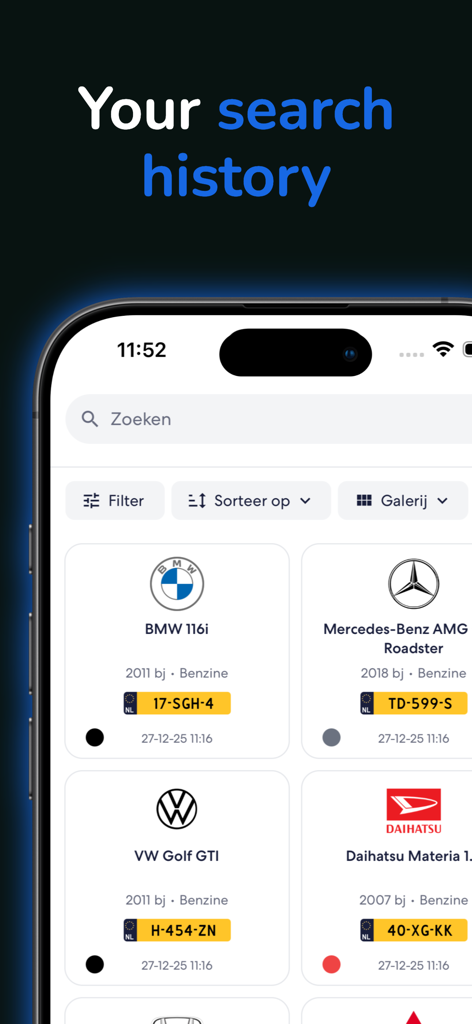 Mobiler Bildschirm, der einen Suchverlauf niederländischer Kennzeichen mit Fahrzeuglogos und Details in der Qenteken-App zeigt.