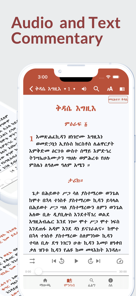 Andimta - Andimta mobile app interface featuring Amharic religious text and audio commentary controls