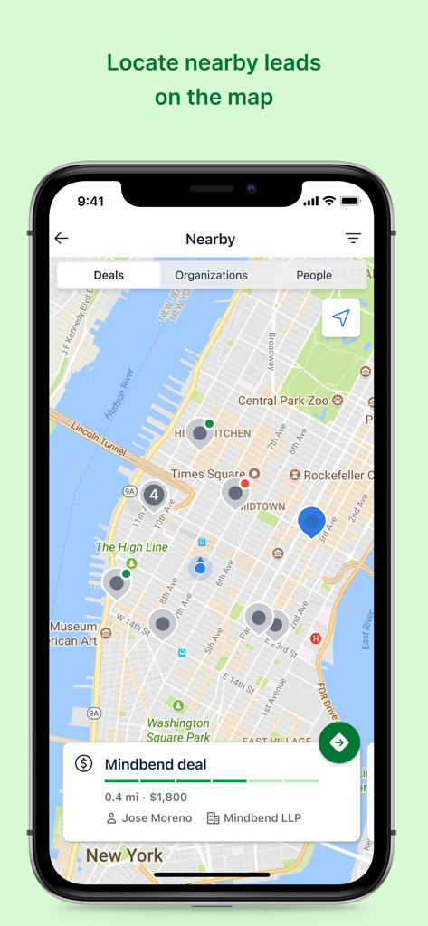 CRM sales tracker by Pipedrive - Pipedrive mobile app showing nearby sales leads and deals on a map of New York City