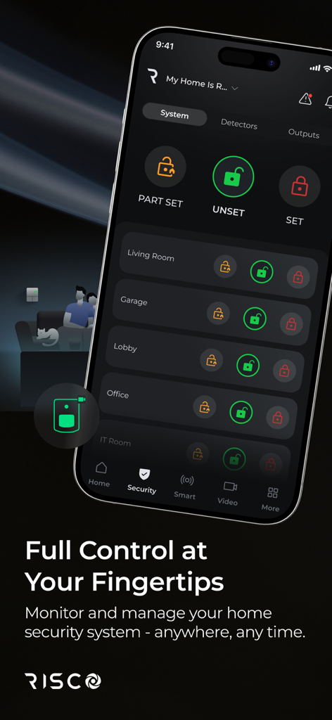 Interfaz de la app iRISCO para monitorización y control remoto de la seguridad del hogar