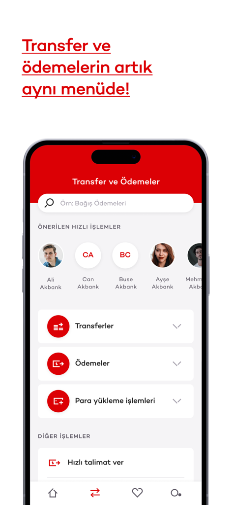 권장 빠른 거래가 포함된 통합 송금 및 결제 메뉴를 보여주는 Akbank 모바일 앱 인터페이스