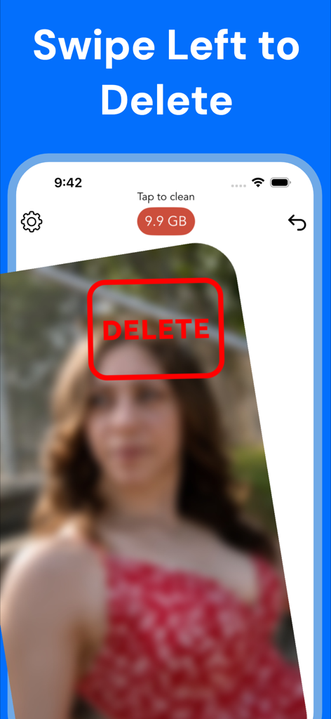 Slider - Photo Cleaner - Smartphone screen displaying the Slider app with Swipe Left to Delete functionality to clear storage