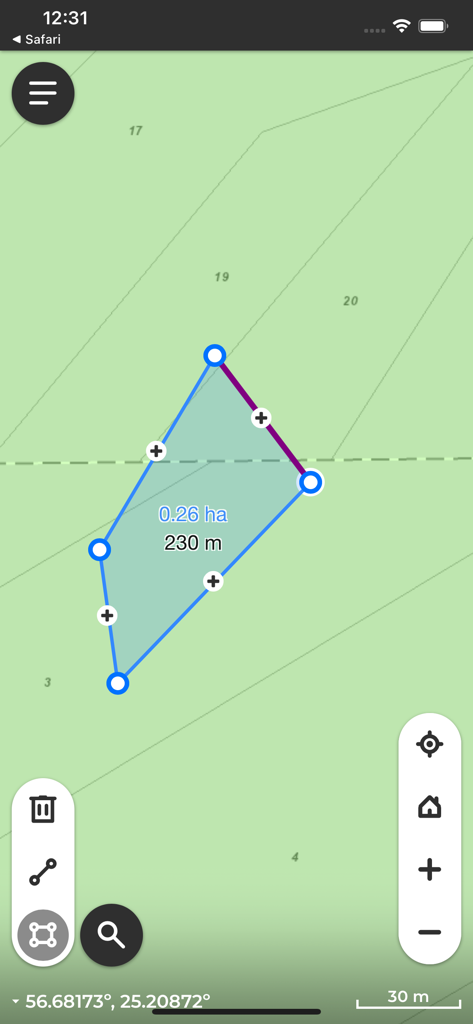 LVM GEO Mobile - A screenshot of the LVM GEO Mobile app showing a cadastral map with a highlighted area measuring 0.26 hectares and a perimeter of 230 meters.