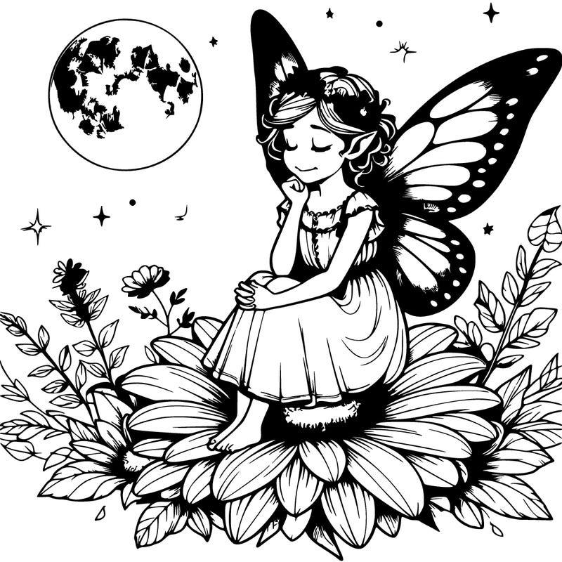 realistic fairy sitting on a flower looking at a moon