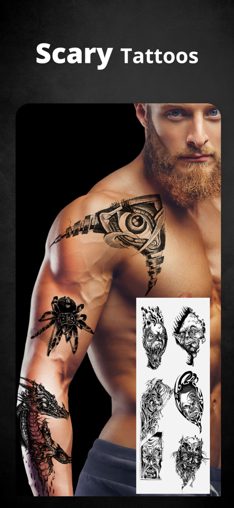Tattoo Maker Design Editor - A man previewing scary tattoo designs on his arm using the Tattoo Maker app