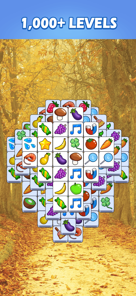 Tile Master Pro: Triple Match - Tabuleiro de puzzle com peças coloridas e fundo de outono no Tile Master Pro.