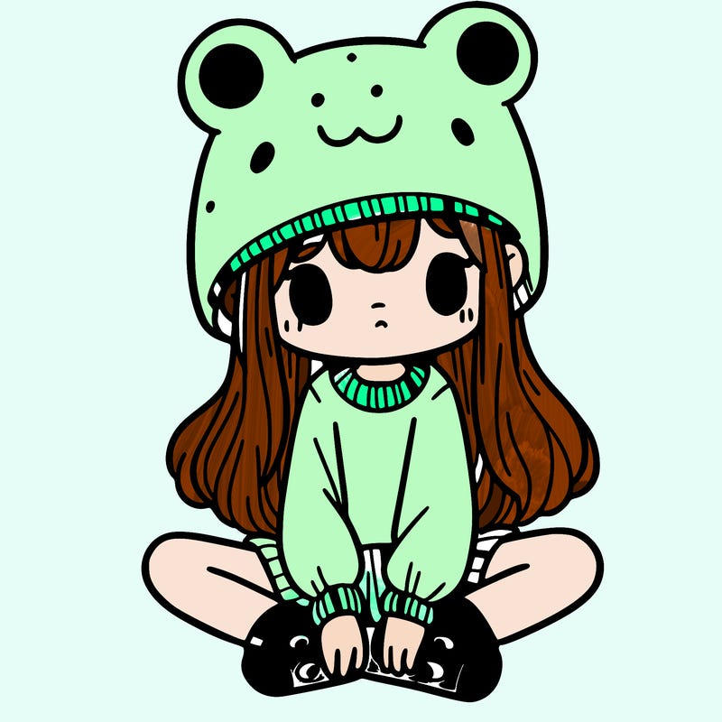 a girl wearing a frog hat and some frog socks