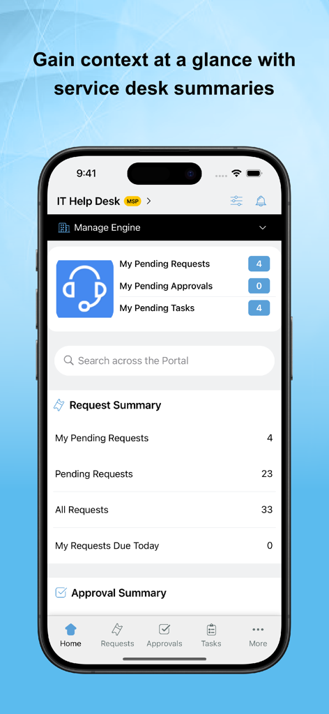 Tableau de bord mobile de ServiceDeskPlus MSP montrant les résumés des demandes du centre de services TI et les tâches en attente