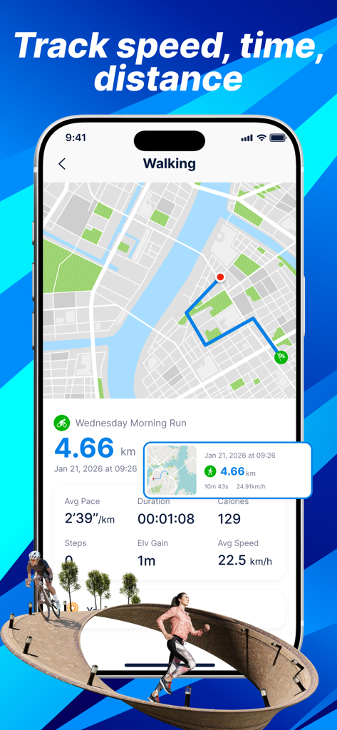 MoveTrack: Walk Run Cycle - MoveTrackアプリのインターフェース。地図上にウォーキングルートと、距離、時間、消費カロリーなどのフィットネス統計が表示されています。