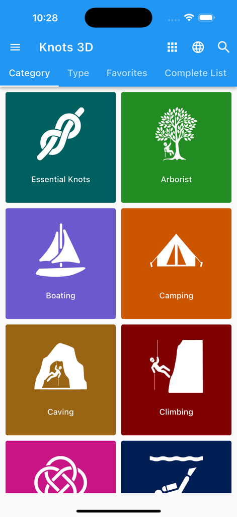 Knots 3D app interface showing a grid of knot categories like Arborist Boating and Climbing