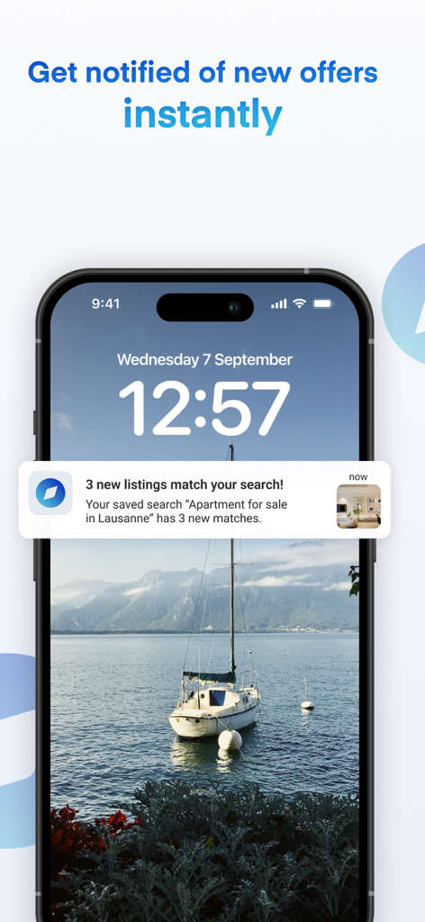 RealAdvisor - RealAdvisor app notification on an iPhone screen showing new property listings for a saved search in Lausanne