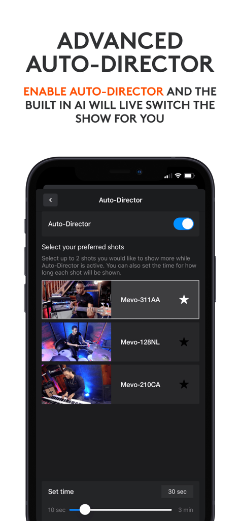Smartphone screen displaying the Logitech Mevo Multicam Advanced Auto-Director settings with AI camera switching options.