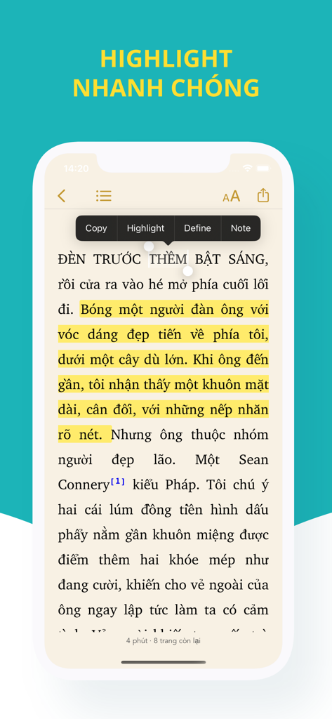 Mobile app interface showing a book in Vietnamese with a paragraph highlighted and an options menu for copy and notes.