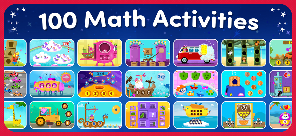Una colección de 100 coloridas actividades de aprendizaje de matemáticas para niños de la aplicación ToyaTap 123 Go plus.