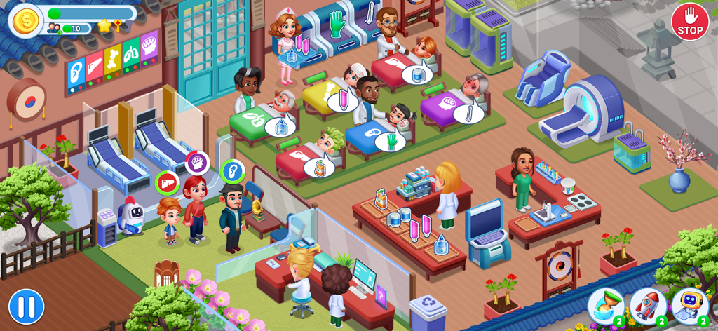 Sala de hospital concurrida en Doctor Clinic Hospital Mania donde médicos y enfermeras tratan pacientes en una colorida simulación de gestión del tiempo.