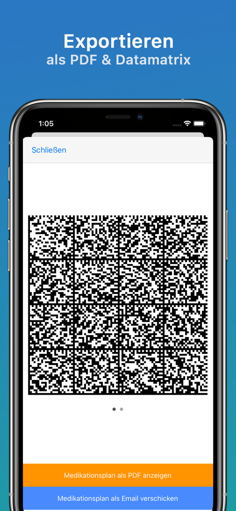 PApp - Die Patientenapp - Smartphone-Bildschirm, der den Export eines Medikationsplans mit einem Datamatrix-Code und PDF-Optionen in der PApp-Anwendung zeigt