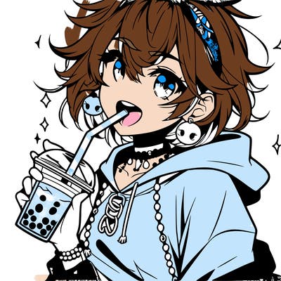 hot baddie anime girl drinking boba and biting the straw