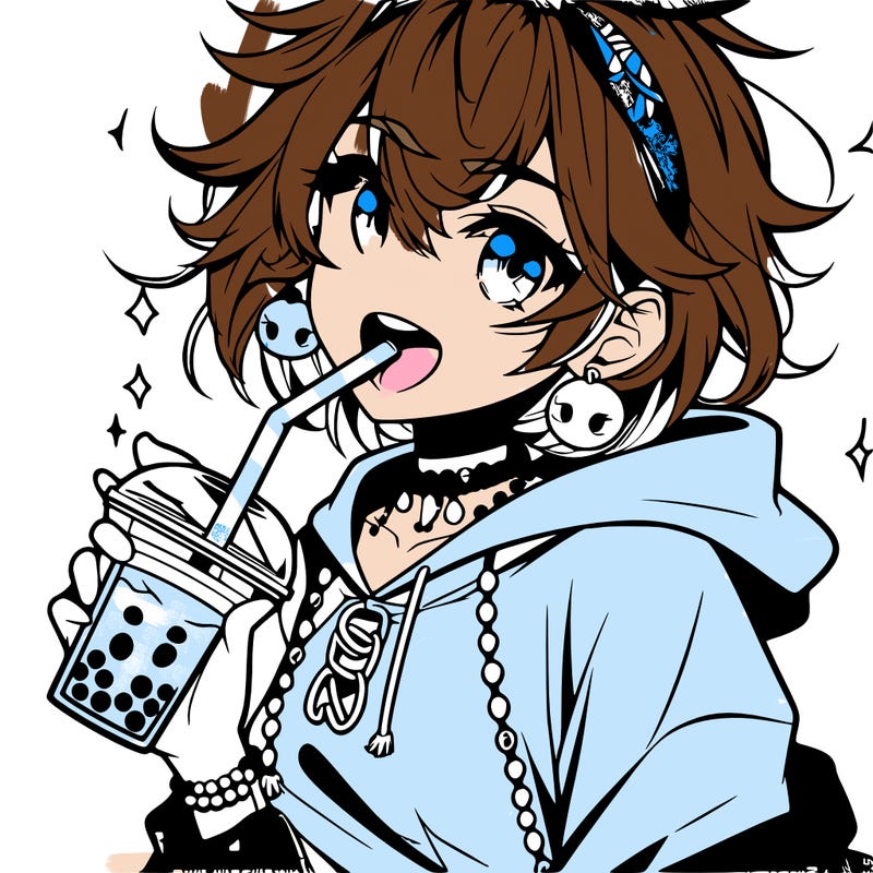 hot baddie anime girl drinking boba and biting the straw