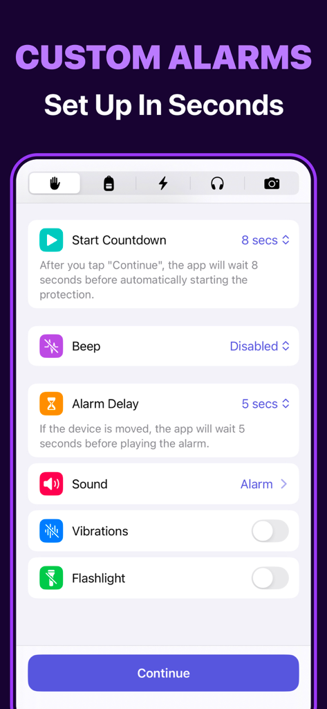 Crook Catcher Anti Theft Alarm - Custom alarm setup screen in the Crook Catcher anti-theft app showing security configuration options