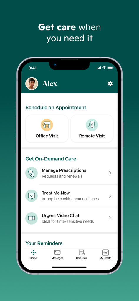 One Medical mobile app home screen showing options for scheduling office and remote visits plus on-demand care features like urgent video chat.