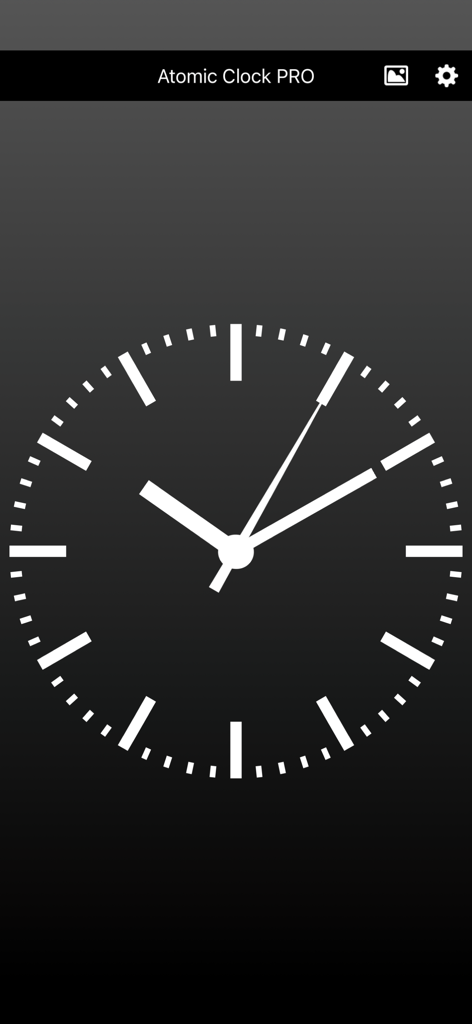 Atomic Clock PRO - Atomic Clock PRO app interface showing a minimalist white analog clock face on a dark background