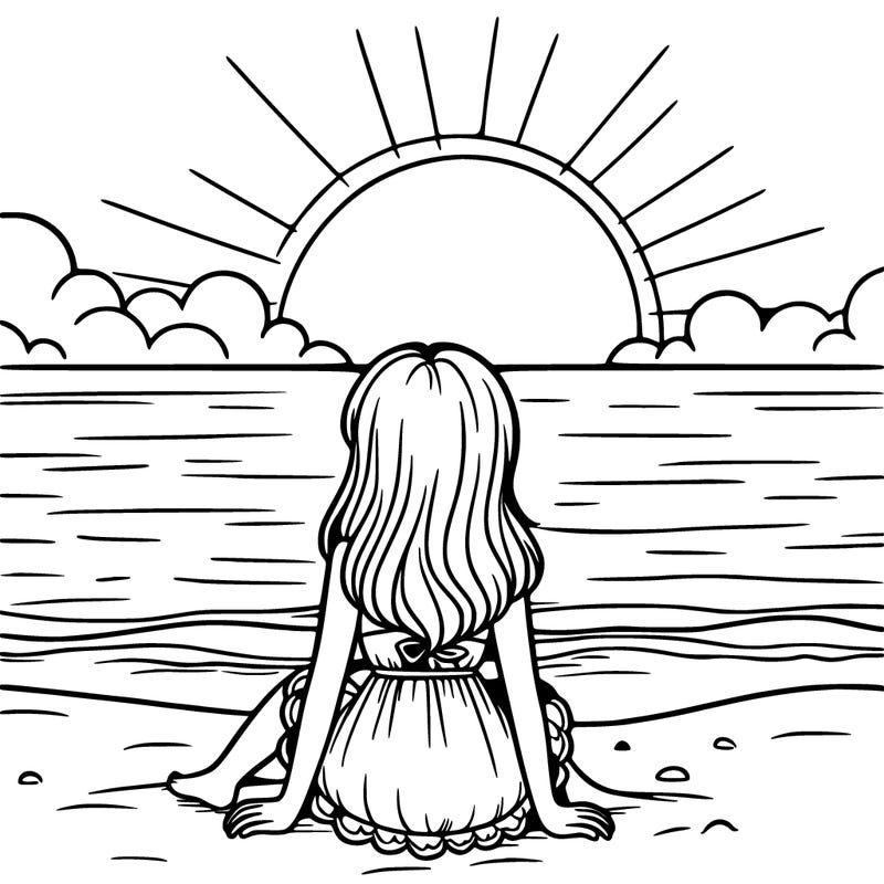 girl sitting on the beach with the sunset