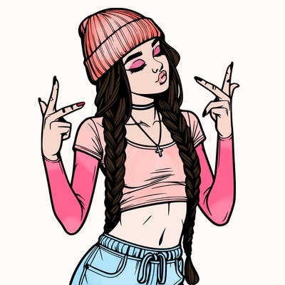 realistic teenage girl with braids and a beanie and crop top doing 🫶🏼