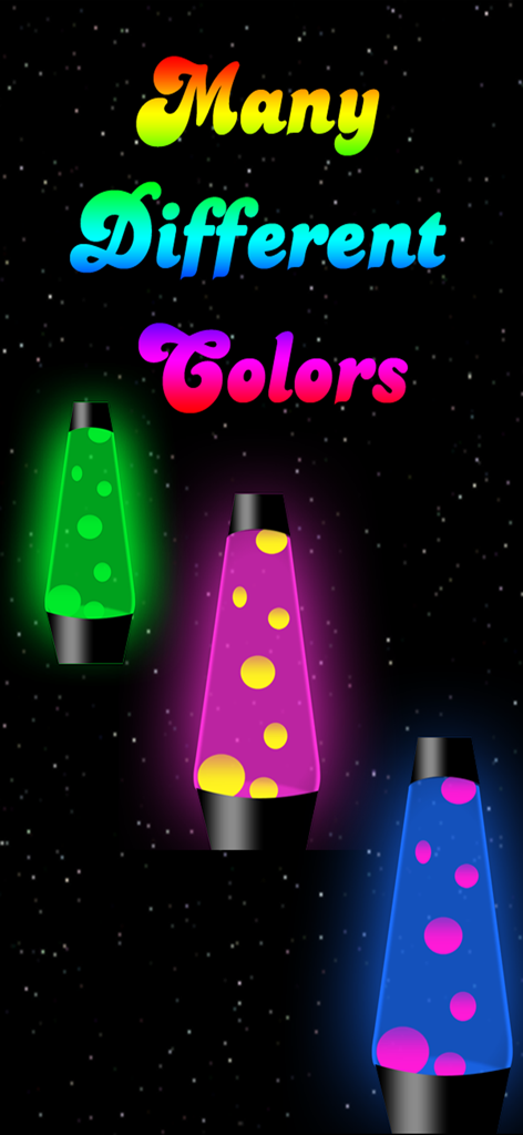 Lava Lamp Simulator - Three different colored lava lamps against a starry background with text many different colors