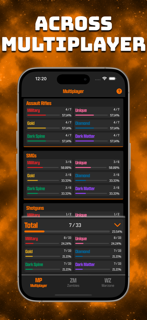 BO6 Camo Tracker - Mobile interface of the BO6 Camo Tracker app showing progression for various weapon camos in multiplayer mode.