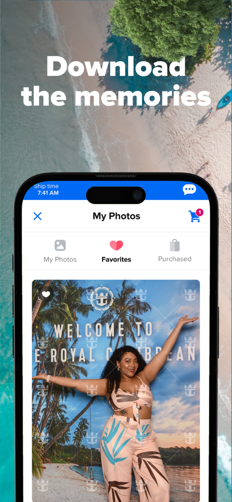 Royal Caribbean app screen showing vacation photos with a download the memories heading